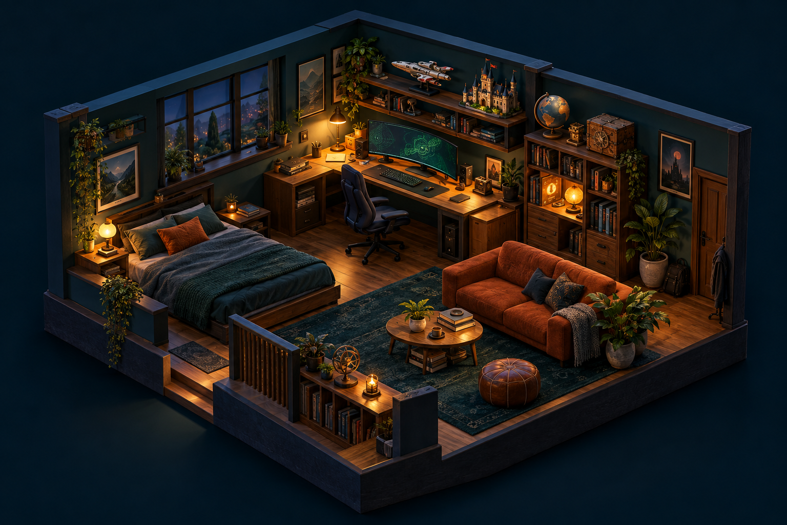 Une chambre de geek imaginée pour Hoam : bureau, créations en briques, globe et lumière chaleureuse.